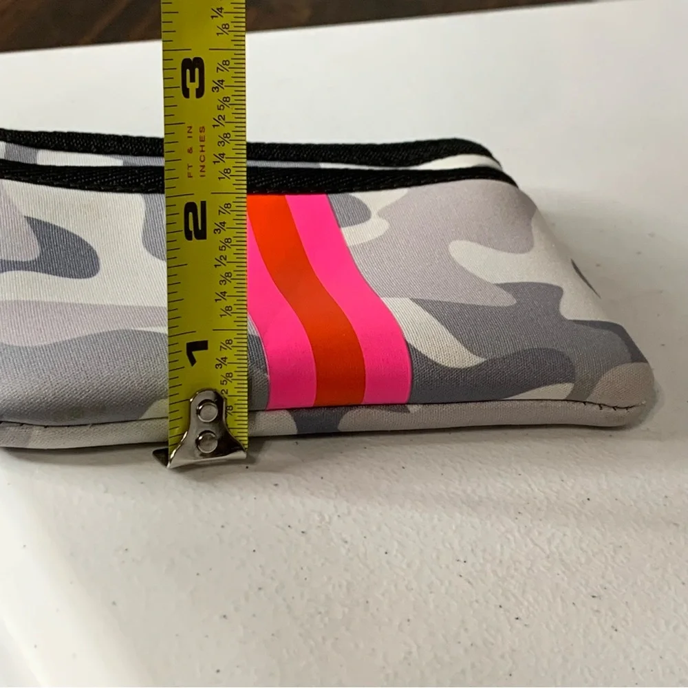 Haute Shore neoprene card keychain‎ case in gray camo and neon pink.